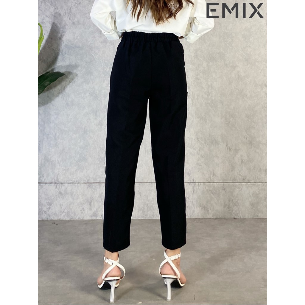 Quần tây nữ baggy 2 cúc EMIX (màu đen), dáng dài, cạp cao, bản to, form rộng, lưng chun, vải tuyết mưa, mềm mịn 066