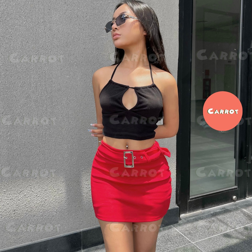 Áo croptop thiết kế khoét ngực 2 dây chân váy đỏ ôm body sexy chất vải cao cấp đi chơi đi du lịch carrotxinhdep