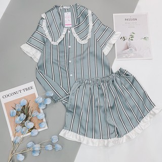 Pyjamas lụa satin - đồ ngủ cao cấp lụa cộc đùi kẻ mới 100%.bảo hành 6 tháng0
