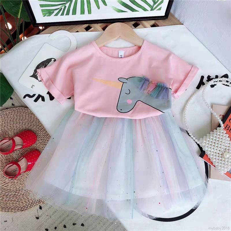 MYBABY Baby Girls Cartoon Print Flashing Shiny Top + Rainbow Gauze Skirt Suit