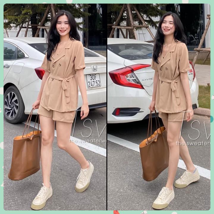 Set Áo Vest Buộc Eo Mix Quần Sooc Vải Đũi Trơn Mềm Mát Tôn Dáng Kèm Dây Buộc Eo Cá Tính