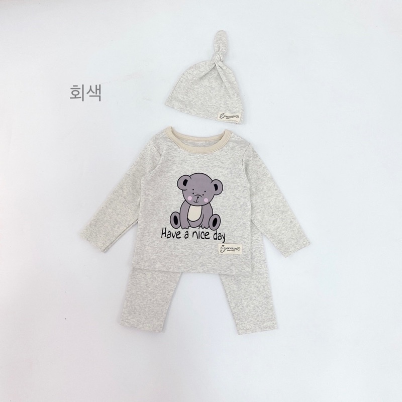 Bộ gấu kèm mũ chất cotton Hàn cao cấp co giãn 4 chiều