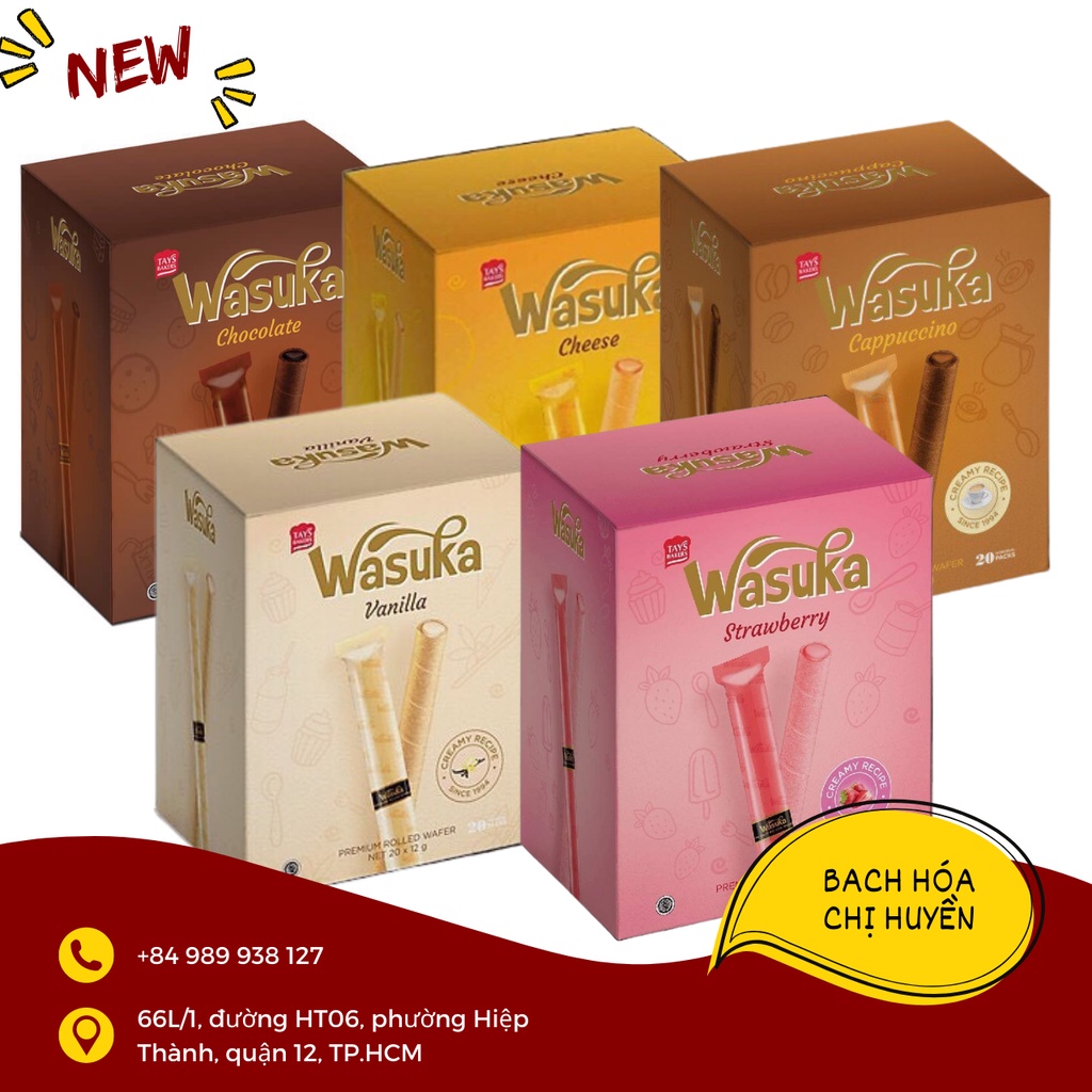 Bánh quế vị socola / phô mai / capuchino / vani / dâu Wasuka hộp 240g