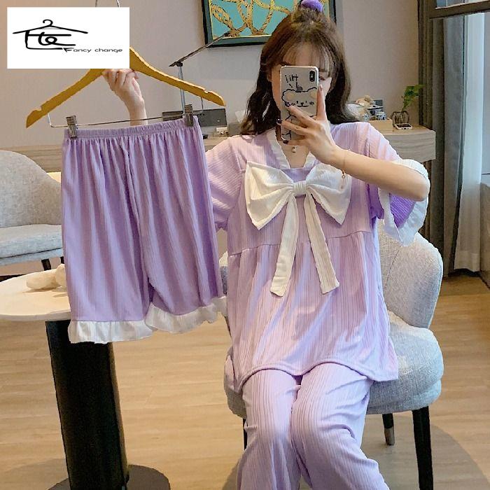 Bộ Đồ Ngủ Pijama Ba Món Dáng Rộng Phong Cách Công Chúa Hàn Quốc Thời Trang Xuân Hè Ngọt Ngào Cho Nữ