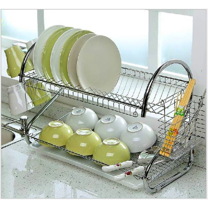 Kệ để bát đĩa 2 tầng chữ S bằng inox, giá úp chén đĩa có ống cắm đũa tiện dụng