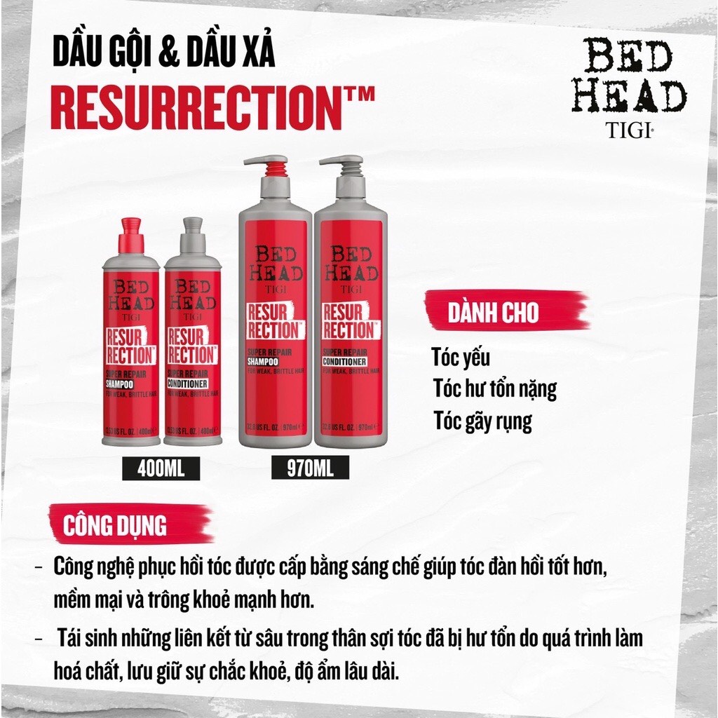 Combo Dầu Gội Xả Phục Hồi Hư Tổn Tigi Bed Head Resurrection Super Repair Shampoo &amp; Conditioner Chính Hãng - 400ml