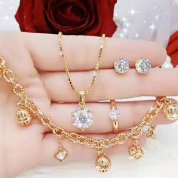 (giảm Giá Sốc) Set Dây Chuyền + Bông Tai + Vòng Tay Mạ Vàng Trắng 18k Mã 491 One