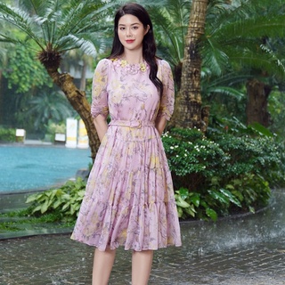 Đầm nữ thiết kế Hong Vic tím nhạt hoa vàng DL474