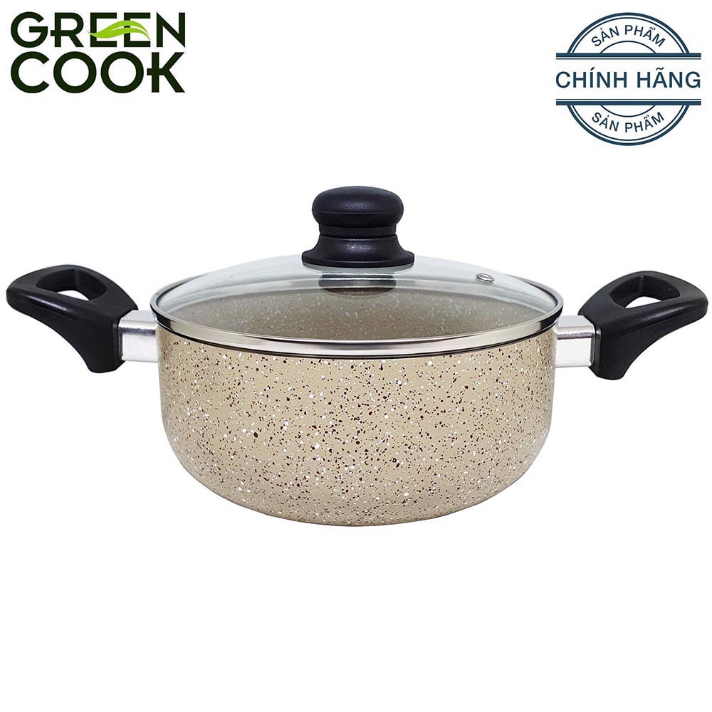 Nồi vân đá phủ chống dính GreenCook GCS03/Happycook 16cm nắp kính cường lực size 16/20cm sâu 9cm - CT167