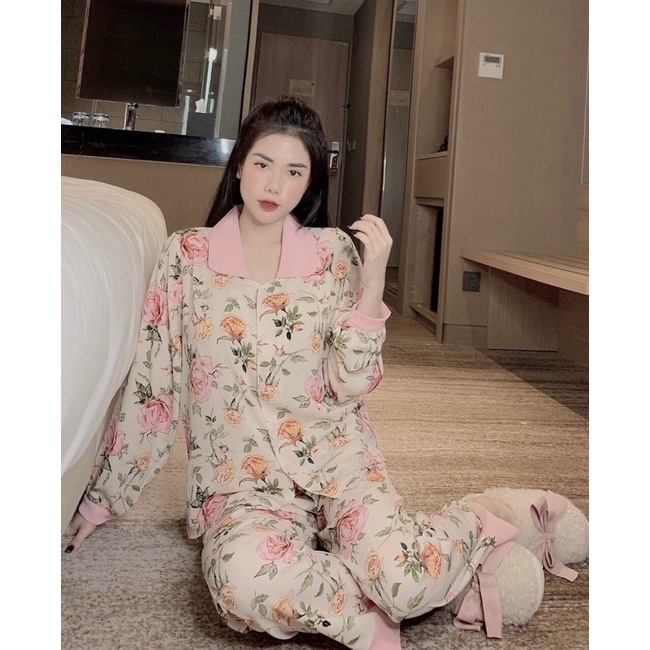 Bộ Pizama mặc nhà cổ sen 2 lá lụa cao cấpBộ Ngủ lụa tay dài quần dài hoạ tiết sang trọng mát [HÀNG CHUẨN] [ẢNH THẬT
