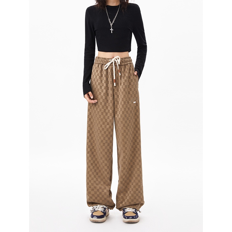 Quần thể thao nam dài thời trang Hàn Quốc nữ kẻ sọc Quần ống rộng Unisex Quần ống rộng quần ống rộng nữ cạp cao
