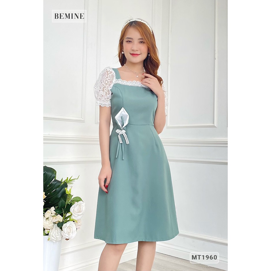 Đầm nữ cổ vuông tay phối ren hoa eo BEMINE MT1960XANH | BigBuy360 - bigbuy360.vn