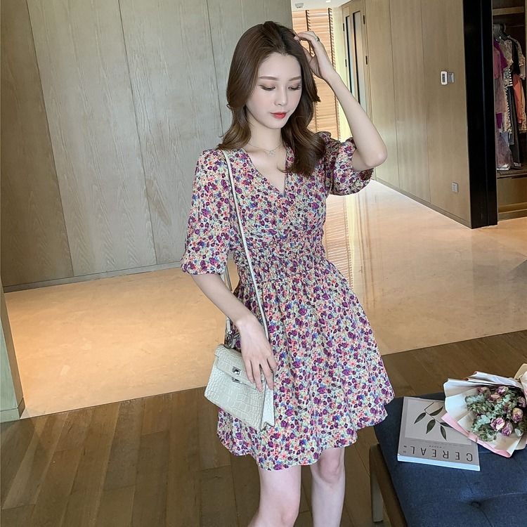 Đầm Cổ Chữ V Chiết Eo In Họa Tiết Hoa Phong Cách Retro Pháp Nữ Tính