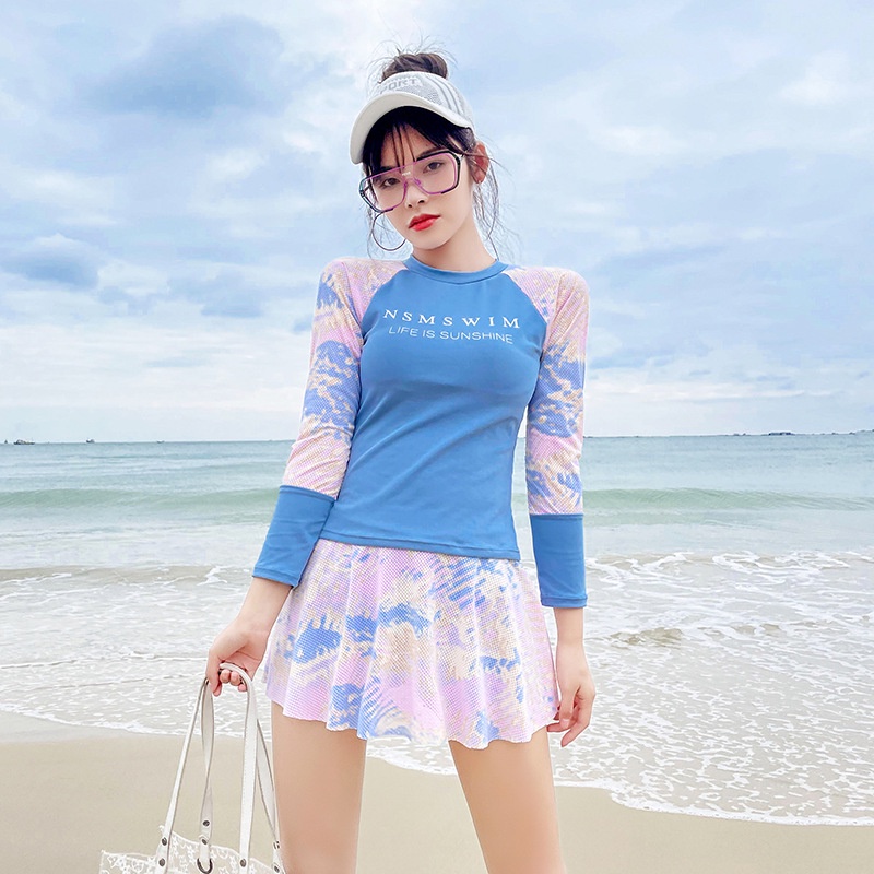 Bikini Dài Tay Đồ Bơi Nữ Dạng Váy LUHAZO Kiểu Hàn Quốc 2022 Hoa Xanh Hai Mảnh Cạp Cao Quảng Châu 8228 A-9