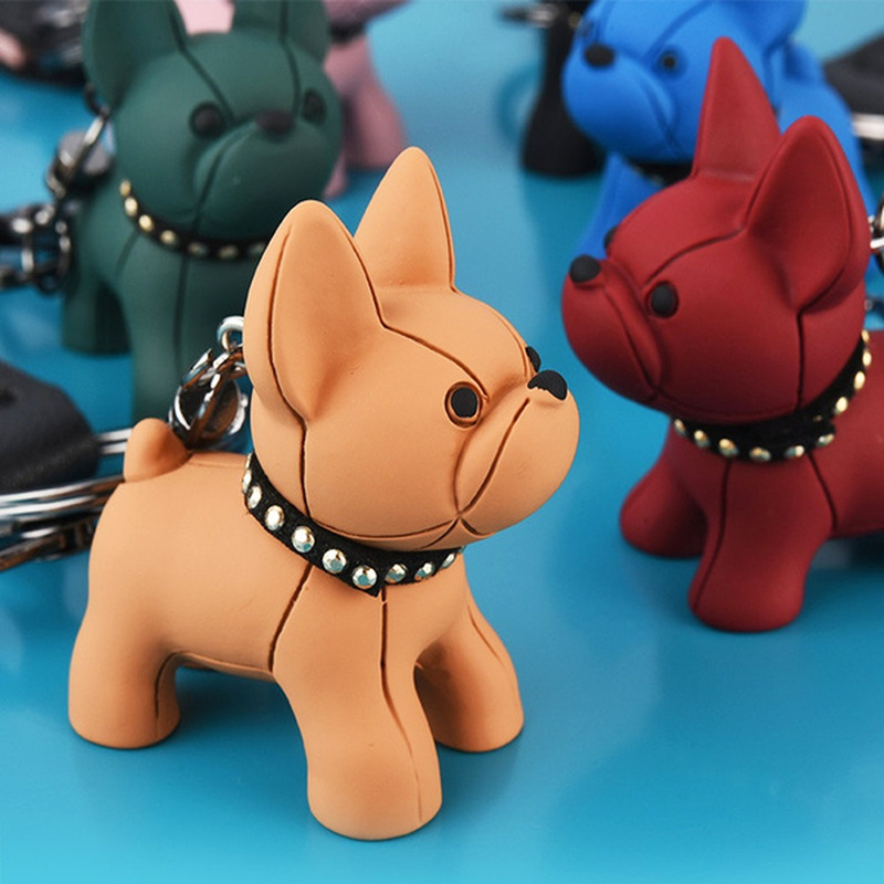 Cute Cartoon Puppy Keychains/ PU Leather Wristband Key Chain Bag Pendant/ Bulldog Soft Rubber Keyrings/ Bag Pendant Charm New Year Xmas Gifts