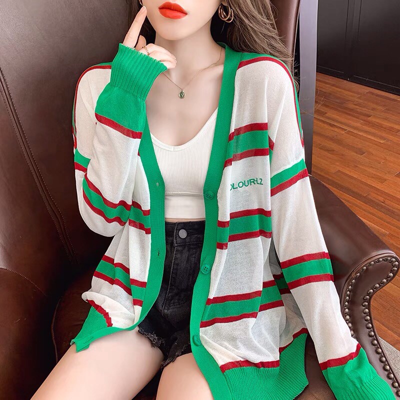 áo len khoác cardigan - len khoác mỏng kẻ sọc ngang phối màu nổi bật (bz287#)