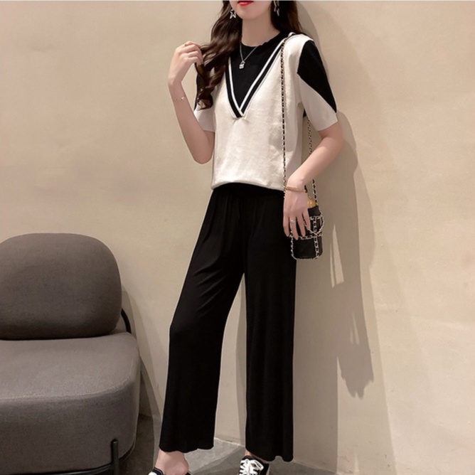 Áo dệt kim ZHELIHANGFEI ngắn tay phối màu thiết kế thời trang mùa hè cho nữ