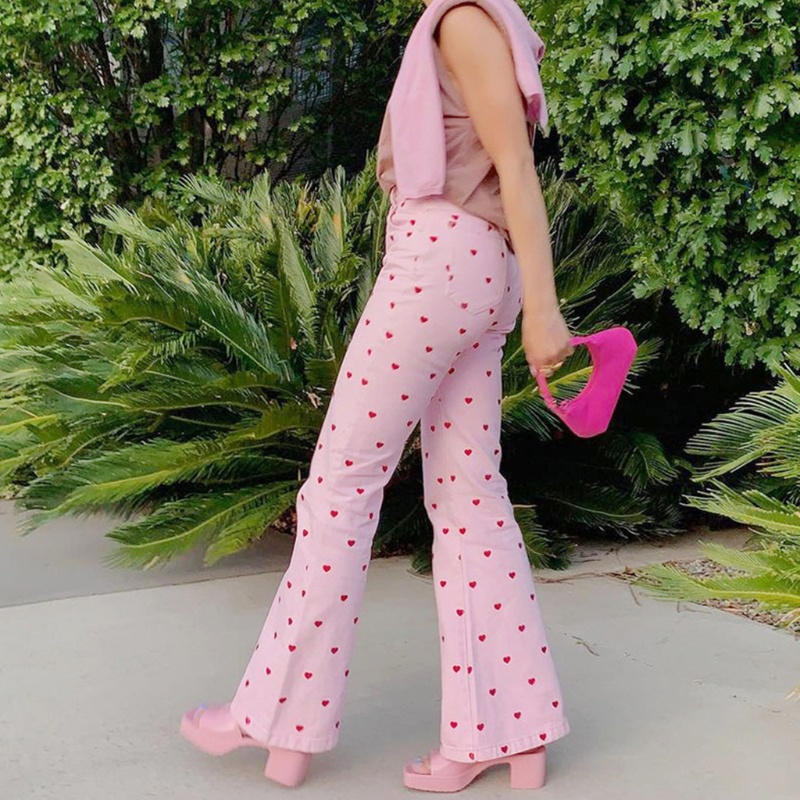 Quần Ống Loe Lưng Cao Họa Tiết Chấm Bi Phong Cách Harajuku Cho Nữ