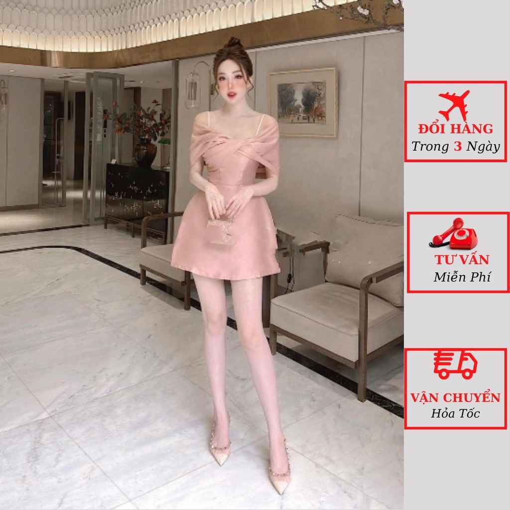 Váy trễ vai nữ 2 dây tacta tay bồng xoắn ngực dáng xòe tiểu thư bánh bèo đi tiệc cưới ulzzang Hàn Quốc