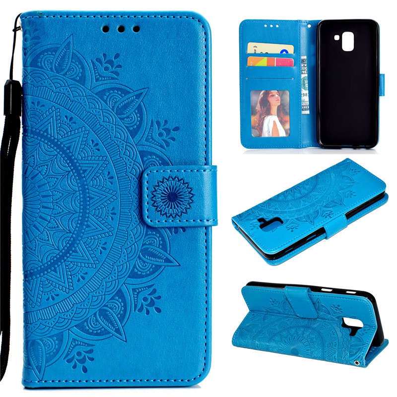 Bao da điện thoại nắp gập thiết kế ngăn đựng thẻ + dây đeo in dập nổi hoa văn cho Samsung Galaxy J6/6+ 2018 | BigBuy360 - bigbuy360.vn