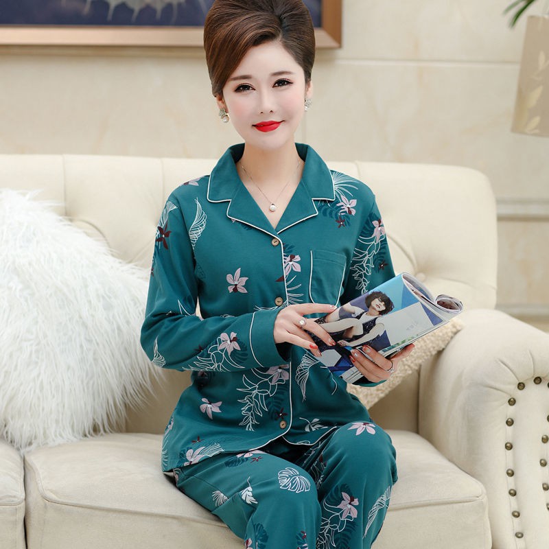 Đồ lót▫Bộ đồ ngủ dành cho người trung niên và cao tuổi cotton mùa thu bà mẹ plus size dài tay chồng phục vụ tại