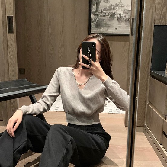 QADCOL Áo dệt kim dài tay dáng ôm phối dây xích thời trang sành điệu dành cho nữ