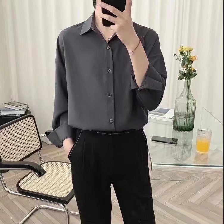 Áo sơ mi tay dài dáng rộng màu trơn đơn giản thời trang Hàn Quốc cho nam