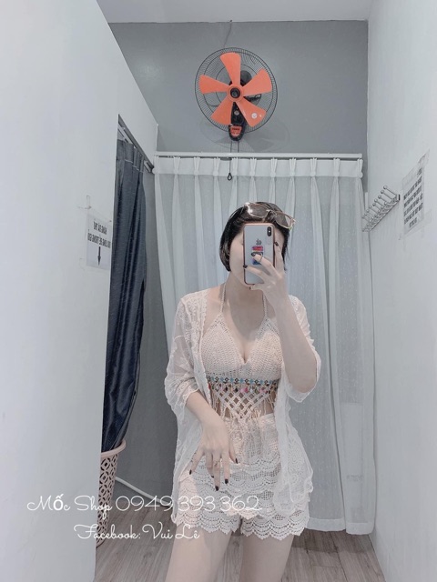 Set biển mới - set 3 món - áo bra tam giác tua rua ngọc + quần ren tầng kiểu giả váy + choàng ren hoa hồng (có tách rời)