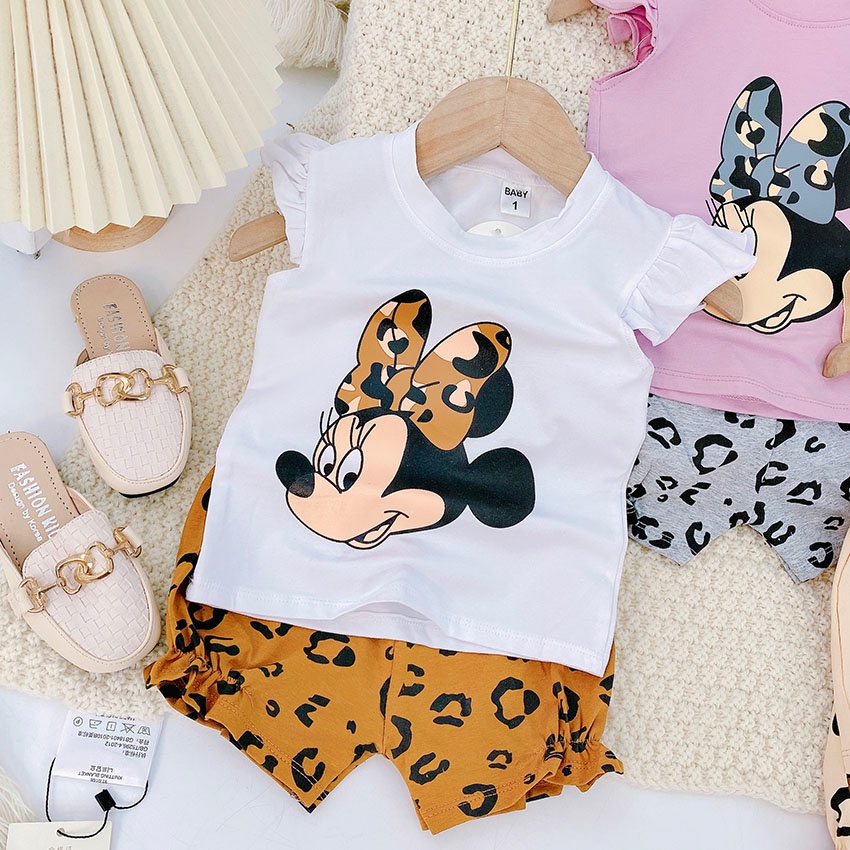 Bộ Quần Áo Ba Lỗ Tay Bèo In Hình Micky Da Báo Vải Cotton Siêu Đẹp Cho Bé Gái Từ 8-20kg Mã BL24