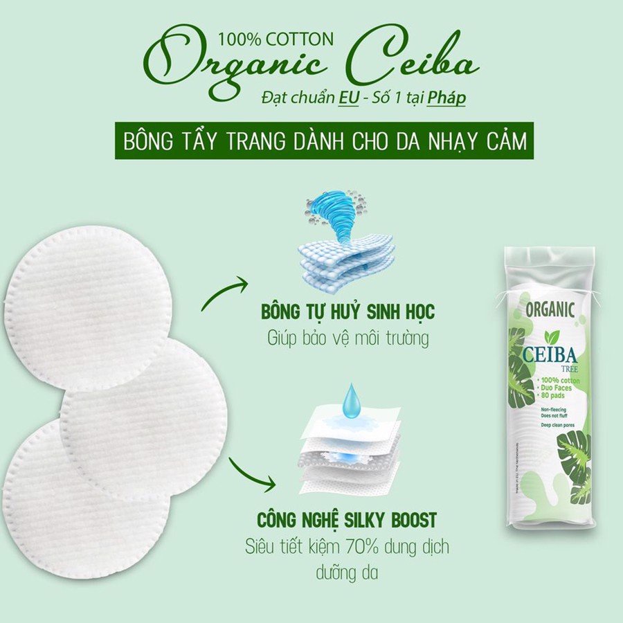 Bông Tẩy Trang Ceiba 100% Cotton Hữu Cơ Tự Phân Hủy Sinh Học Không Để Lại Sợi Ceiba Tree