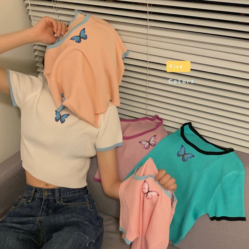 Korean Butterfly Print Short-sleeved Knitted Short-sleeved T-shirt
