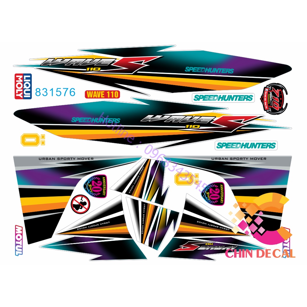 Tem rời WAVE ALPHA 110 ( 2017 - 2021) Chế Speed Hunters S ( Tem 3 lớp chống nước chống bay màu 831576 )