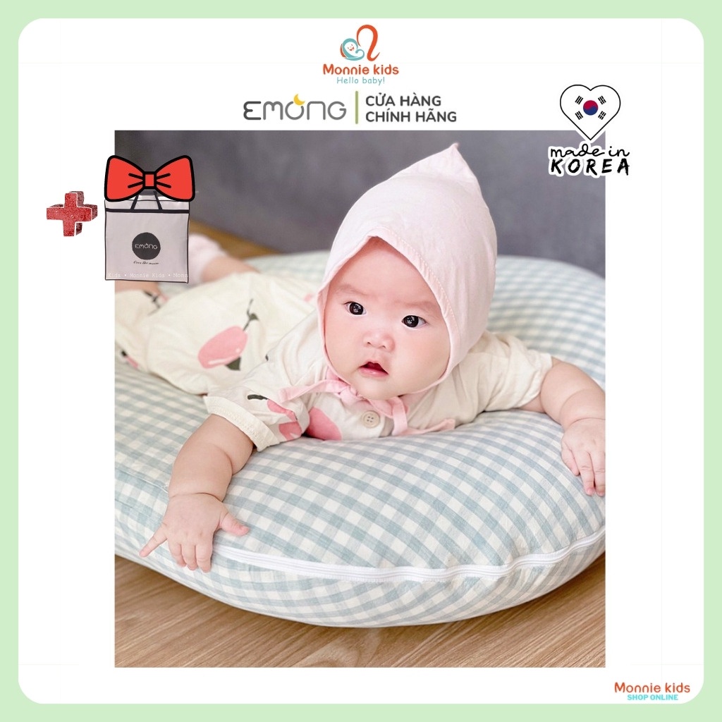 Gối chống trào ngược cho bé Emong vỏ cotton caro 68x68cm, gối chống trào Hàn Quốc - Monnie Kids