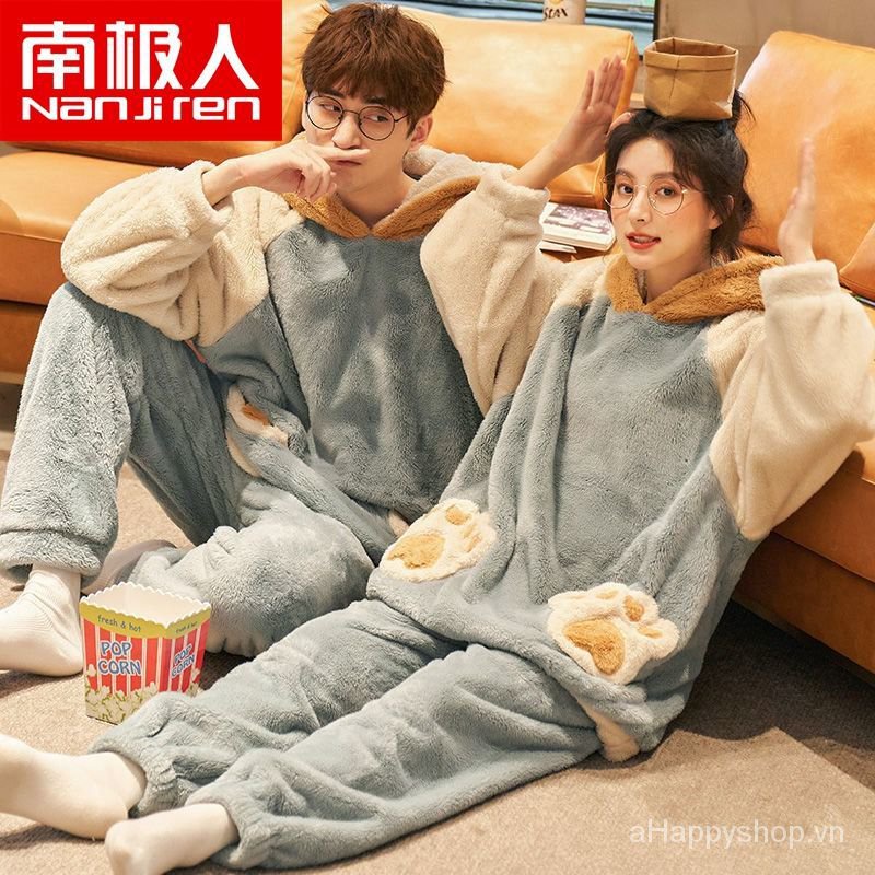 Bộ đồ ngủ vải nhung san hô lông cừu dày giữ ấm thời trang thu đông cho nam và nữ