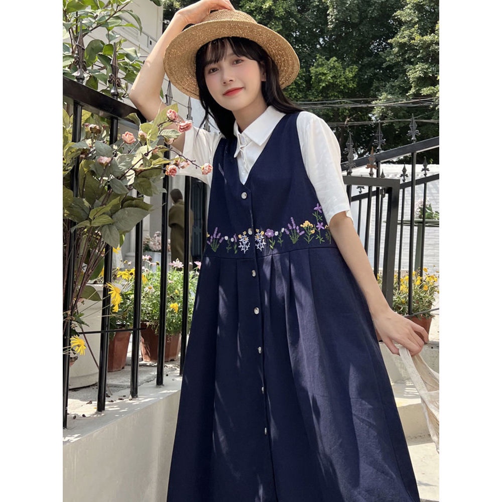 Đầm Ngắn Tay Cổ Chữ V Thêu Họa Tiết Phong Cách Hàn Quốc Cho Nữ