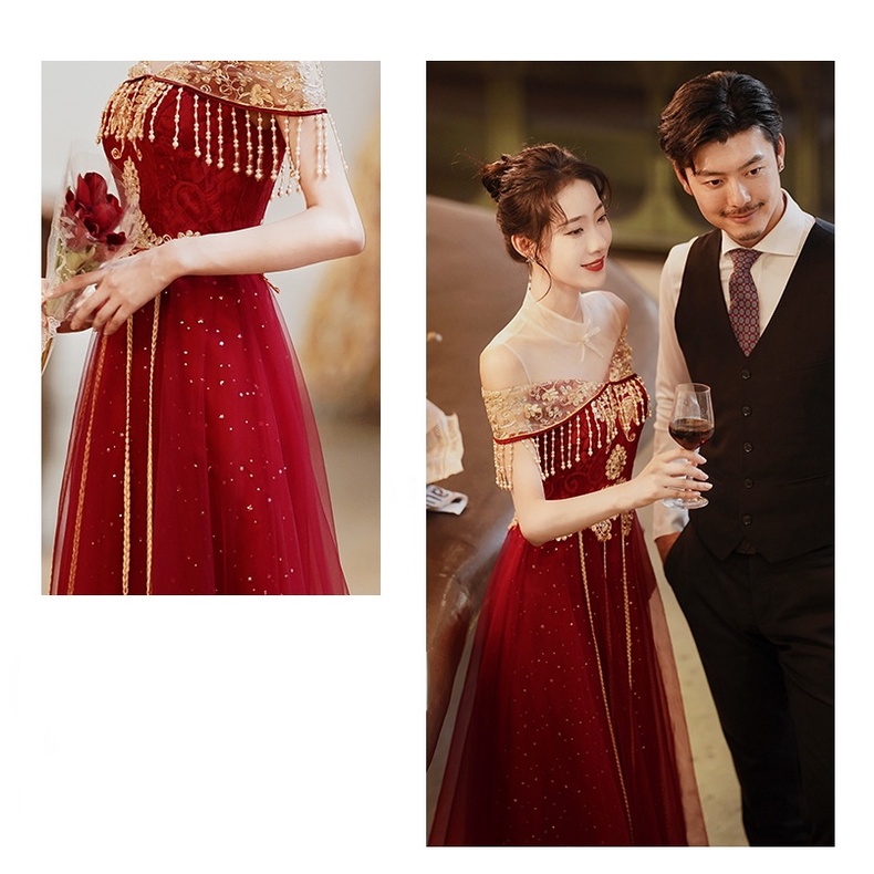 Đầm Dự Tiệc Dáng Dài Màu Đỏ Phong Cách Trung Hoa Mới