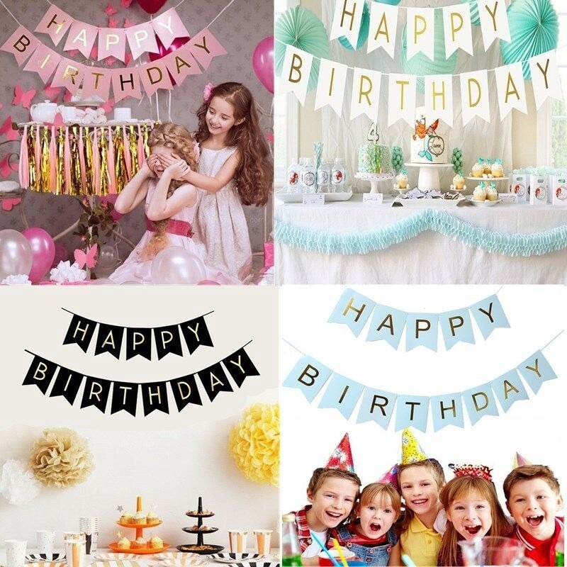 Banner Chúc Mừng Sinh Nhật Với Dải Băng Rôn Màu Vàng In Chữ Happy Birthday banderitas
