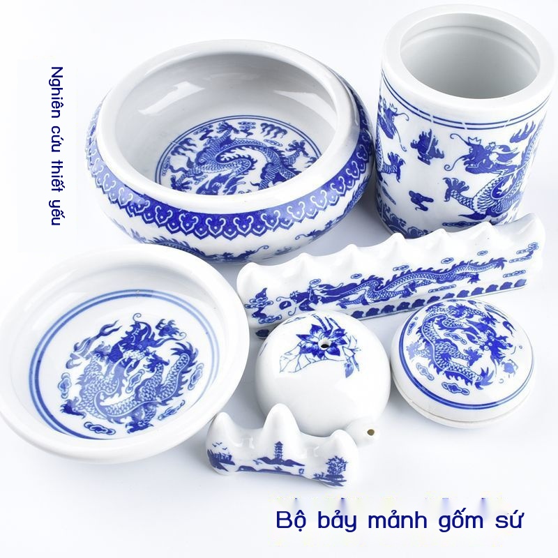 YMàu xanh và trắng sứ rửa ống đựng bút máy tính để bàn đơn giản lưu trữ nghiên cứu bốn báu vật đa chức năng bộ chải in b