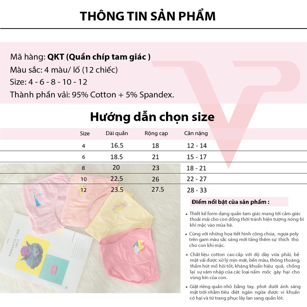 Quần chip bé gái PALVIN, dáng tam giác, cotton co giãn 4 chiều,  hình in công chúa elsa, ngựa pony - QKT