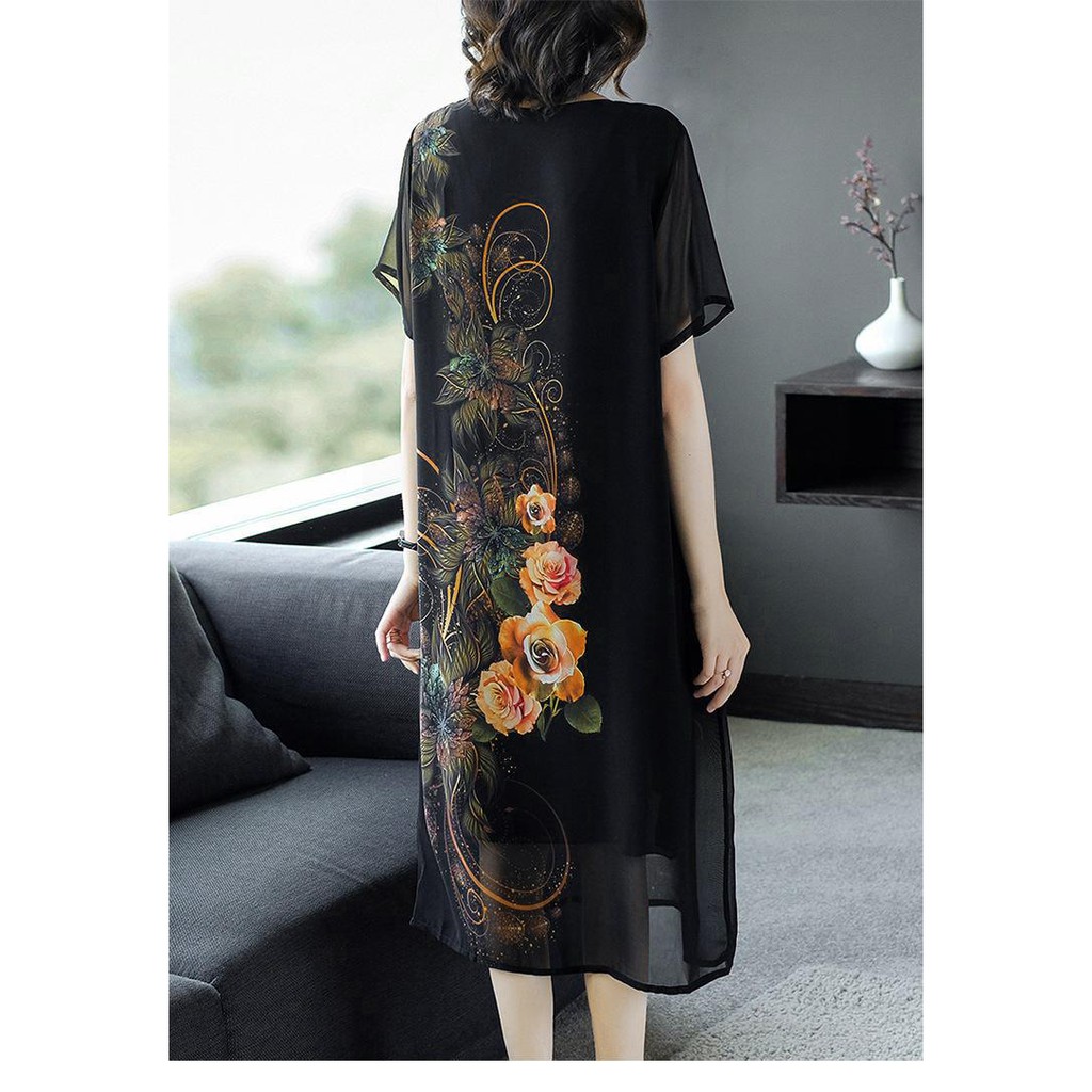 GOTI - Đầm Suông Trung Niên Dạo Phố Dáng Dài Tay Ngắn Che Bụng Bigsize Cho Mẹ U50 3220 3209 3315 3314