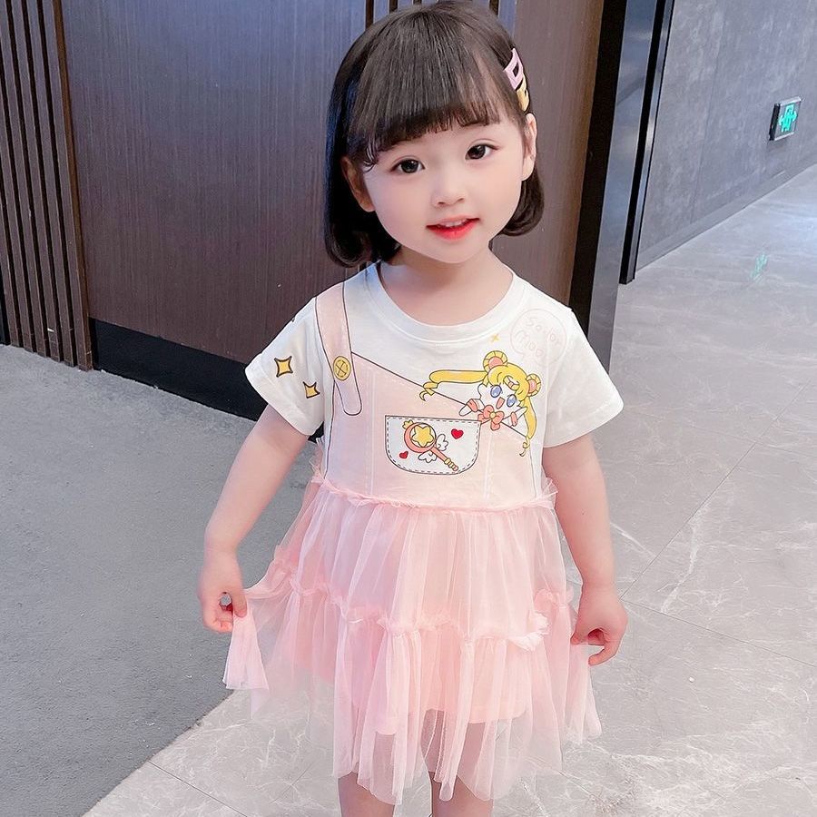 Đầm Công Chúa Tay Ngắn Phối Lưới Họa Tiết Hoạt Hình Phong Cách Hàn Quốc Cho Bé Gái