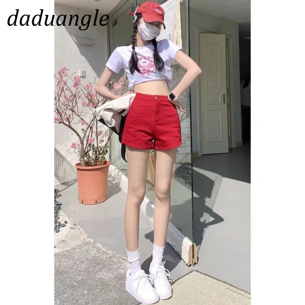 Quần ngắn daduhey denim lưng cao màu trơn có co giãn thời trang mùa hè 2022 dành cho nữ