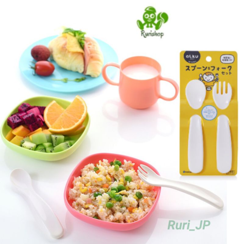 Bộ muỗng (thìa) nĩa (dĩa) nhựa an toàn cho bé Inomata Nhật Bản