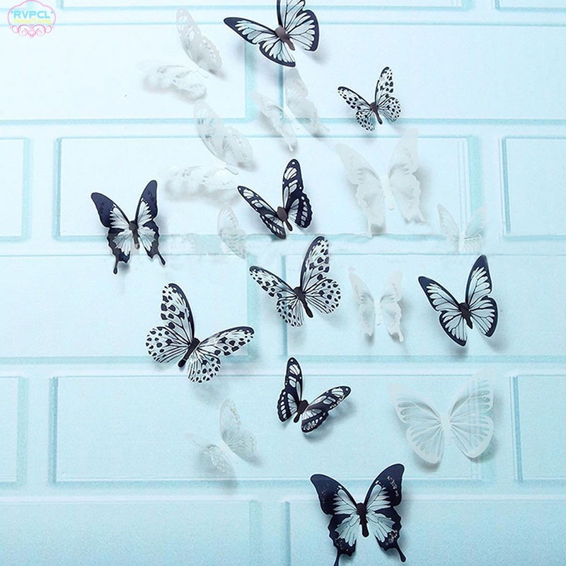 Set 18 miếng dán tường trang trí hình bướm 3D màu trắng đen độc đáo