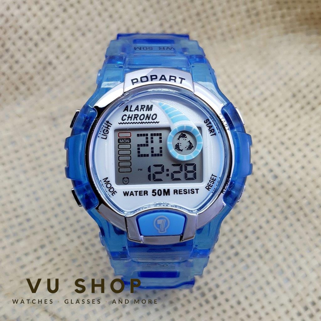 ĐỒNG HỒ BÉ TRAI POPART - ĐÈN LED ĐỔI MÀU - XANH ĐỎ