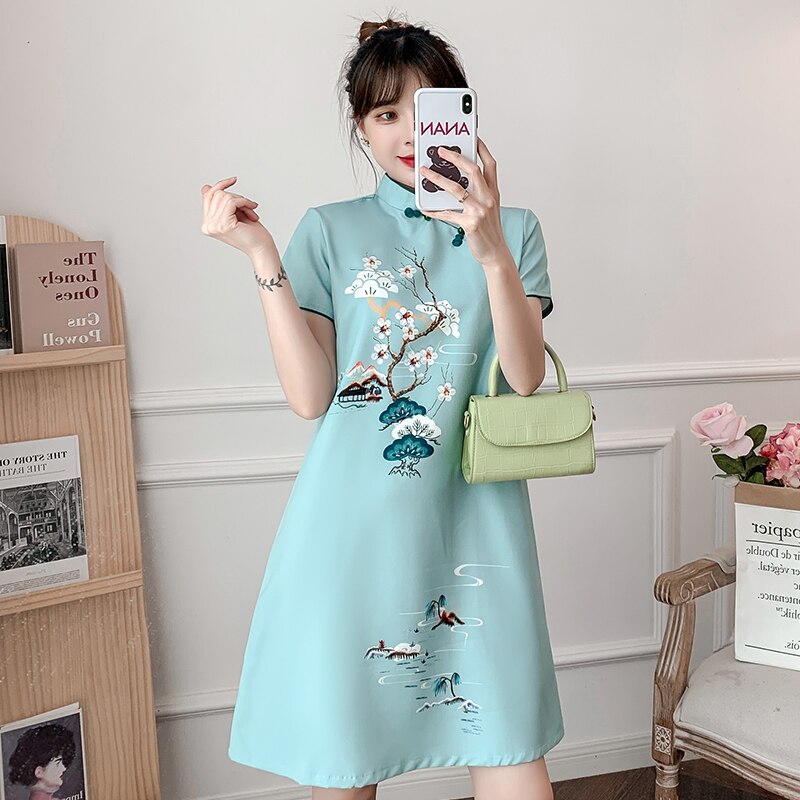 Đầm Sườn Xám Qipao Dáng Rộng Ngắn Tay Màu Xanh Dương Phong Cách Truyền Thống Trung Hoa Hiện Đại Thời Trang Cho Nữ Plus Size