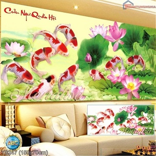 Tranh đính đá, tranh thêu chữ thập cá cửu ngư quần hội 1m20 x 60cm - 1m50 x 70cm