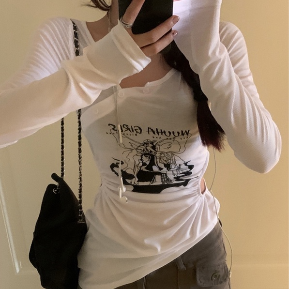 SUXI Áo Thun Tay Dài Dáng Ôm In Chữ Thời Trang Quyến Rũ Cho Nữ