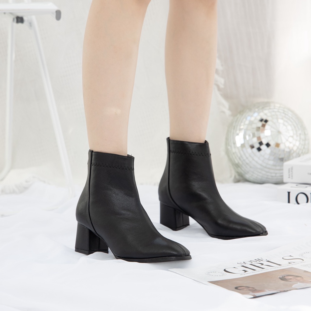Giày Boots Nữ thời trang MWC Boots cổ thấp gót vuông 5p dáng bốt lửng màu đen phong cách hàn quốc NUBO-9103