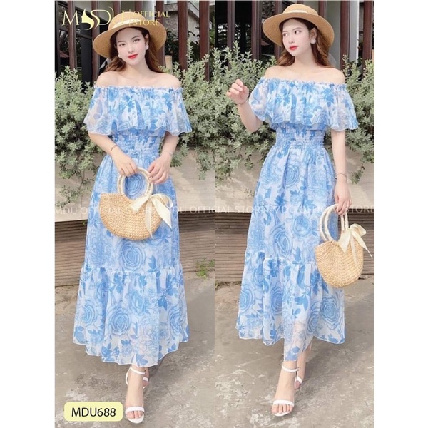 Đầm maxi voan hoa trễ vai nhún thun eo 3 màu